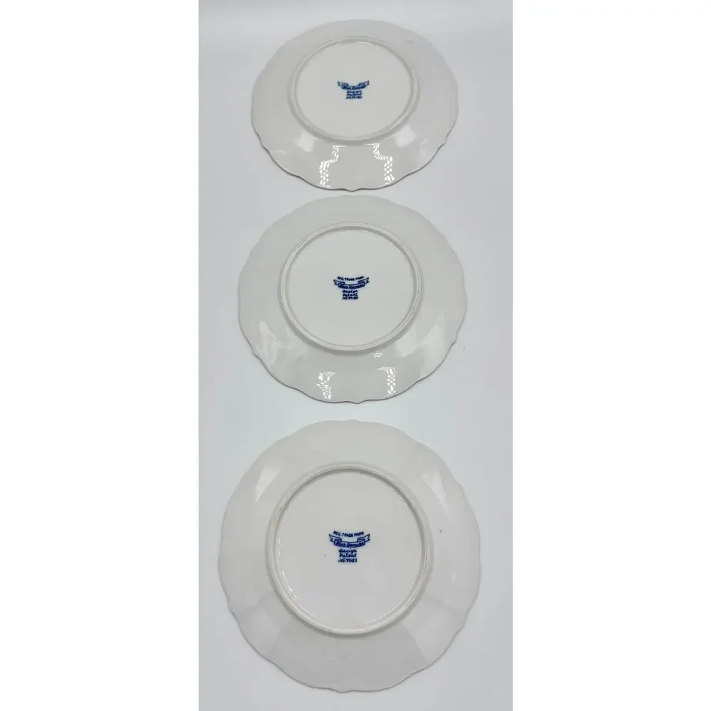 Danube 1950's Blue Onion Blue & White 3pc Dessert Plate Set Ribbon Hallmark Logo